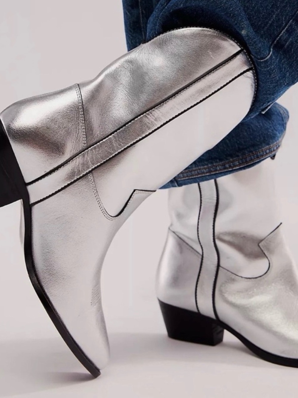 Free People Silver Metallic Mid-Calf Heeled Boots with Black Piping